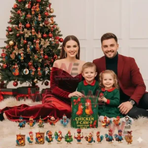 A cheerful family celebrates Christmas posing with the Chicken F Caw F advent calendar and its chicken figures displayed near a decorated tree.