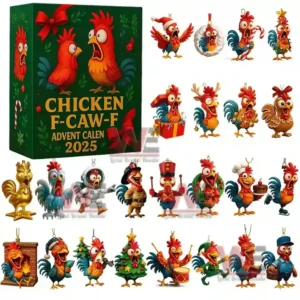 An image displaying all chicken themed mini figures from the 2025 advent calendar set each with different accessories and expressions.