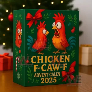 A green holiday advent calendar box decorated with chicken illustrations and red bows positioned in front of a Christmas tree.