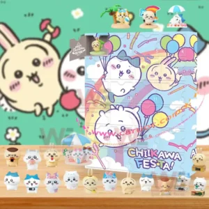 Advent calendar box with cute Chikawa characters and multiple small figures lined up on a wooden surface!