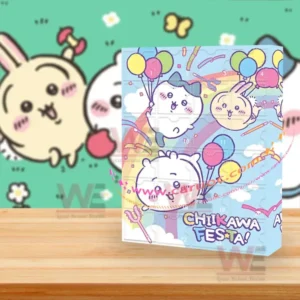 Chikawa advent calendar box on a wooden table with cute character art behind it!