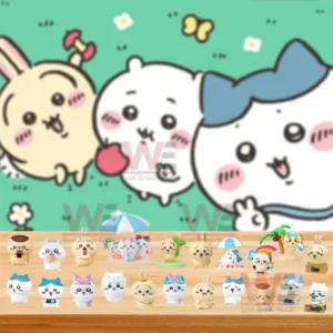 Multiple Chikawa character figures on a wooden table with a colorful illustrated background!
