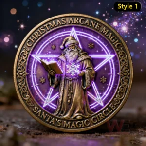 A coin depicting santa dressed as a winter mage holding a book and a glowing snow shape with a luminous arcane star in the background!