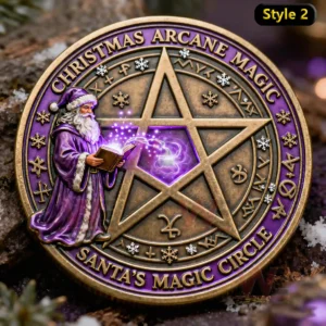 A coin showing santa as a mystical figure generating bright magic from a book toward a star shaped center!