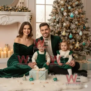 Family sitting together in a cozy living room decorated for Christmas with a tree, gifts, and candles.