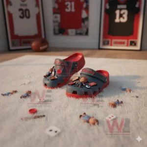 Alt text: Chucky-themed crocs with charms scattered around on the floor, set in a sports-themed room with jerseys.