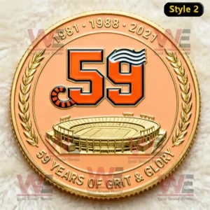 Cincinnati Bengals 59th Anniversary Commemorative Coin 3 Cincinnati Bengals 59th anniversary coin with large 59 emblem stadium engraving laurel wreath and gold orange finish.