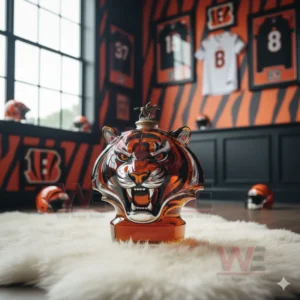 Cincinnati Bengals tiger head bottle on a white rug in a striped sports room!