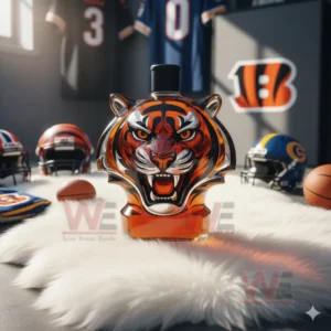 Cincinnati Bengals tiger head bottle with team items on a soft white rug!
