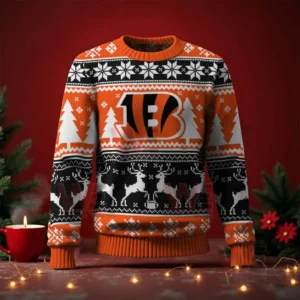 Cincinnati Bengals Christmas sweater front view featuring the team logo and Christmas designs of trees snowflakes and reindeer!