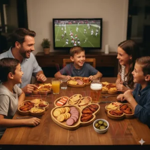 Clemson Tigers Heritage Platter Board 3 A family enjoys various snacks on paw shaped wooden trays while watching a sports game on a screen!