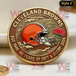 Cleveland Browns 80th Anniversary Commemorative Coin 3 Cleveland Browns commemorative coin with orange helmet red carnation gold lettering and engraved wave pattern.