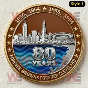 Cleveland Browns 80th anniversary coin with skyline stadium lake design gold stars and bold silver 80 years text.