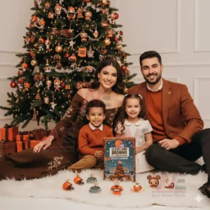 Cleveland Browns Advent Calendar 2025 7 A family seated before a decorated Christmas tree with a Cleveland Browns advent calendar and themed ornaments placed in front.