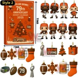 Cleveland Browns Advent Calendar 2025 8 A complete set of Cleveland Browns themed figurines and ornaments displayed alongside an advent calendar box.