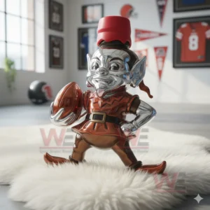 A mascot inspired bottle featuring an elf figure posed on a white rug with sports memorabilia in the background!