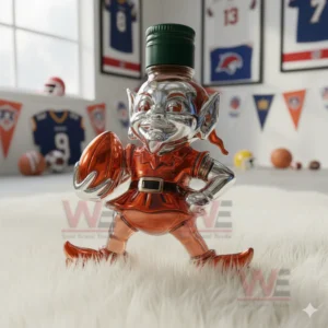 A bottle designed as a cheerful elf figure positioned on a fluffy rug with sports decorations in the background!