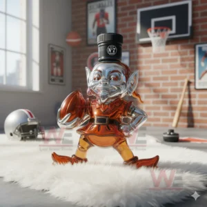 A detailed elf shaped bottle displayed on a soft rug with sports themed objects placed around it!