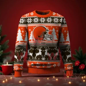 Cleveland Browns NFL Christmas Ugly Sweater 2025 4 Orange and brown Christmas sweater with a football helmet on the front and festive snowflake and reindeer knit patterns!