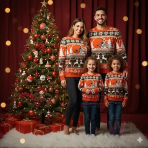 Cleveland Browns NFL Christmas Ugly Sweater 2025 5 Family in matching orange and brown Browns Christmas sweaters standing by a decorated Christmas tree surrounded by gifts!