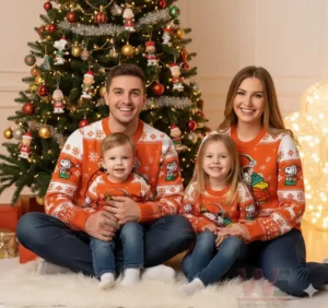 Family wearing Cleveland Browns Snoopy Christmas sweaters in front of a decorated Christmas tree.