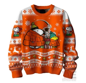 Cleveland Browns Premium NFL Peanuts Snoopy Ugly Sweater 5 Cleveland Browns Christmas sweater with Snoopy and Woodstock in winter clothing and the Browns logo.