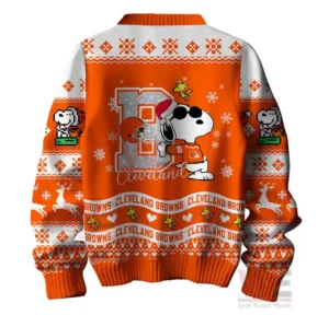 Cleveland Browns Premium NFL Peanuts Snoopy Ugly Sweater 6 Cleveland Browns Christmas sweater with Snoopy in a Browns jersey and festive designs on the back.