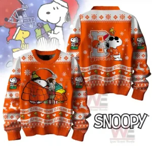 Cleveland Browns Premium NFL Peanuts Snoopy Ugly Sweater 7 Cleveland Browns Christmas sweater with Snoopy and Woodstock in winter clothing, snowflakes, and the Browns logo.