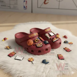 Cleveland Cavaliers-themed Crocs with basketball-related charms on a soft background.