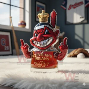 A mascot styled bottle posed on a white rug with sports memorabilia and team decorations in the background!