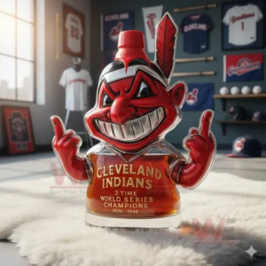A mascot figure bottle positioned on a white rug with various sports themed decor behind it!