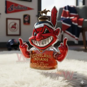 A bottle featuring a mascot figure standing on a white rug with sports items and framed decor in the background!