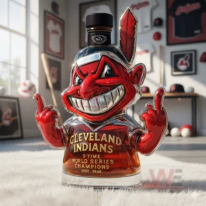 A mascot bottle placed on a fluffy rug with sports themed items displayed throughout the room!