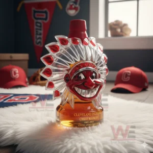 A mascot themed bottle positioned on a white rug with surrounding sports memorabilia and bright window light!