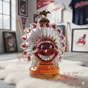 A mascot styled bottle displayed on a white rug with various team themed items in the background!