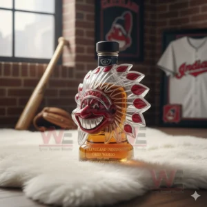 A stylized bottle featuring a prominent mascot face positioned on a white rug with sports themed decorations behind it!