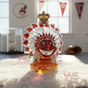 A mascot themed bottle positioned on a white rug with team decorations and natural light filling the room!