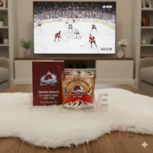 A Colorado Avalanche glass with an iced drink next to an anniversary box on a rug with a hockey game displayed on a television in the background.