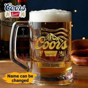 Alt text: Custom Coors Banquet beer mug with etched mountain and flag design, with space for a name.