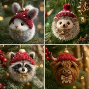 A group of woodland animal ornaments with winter hats and bows hanging on a Christmas tree!