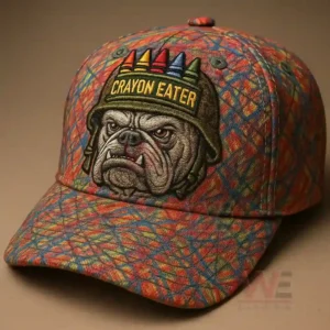 Bulldog cap with a "Crayon Eater" slogan and crayons on top of a helmet.