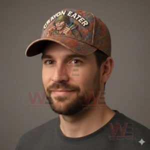 A man wearing a Crayon Eater hat with a cartoon soldier holding crayons on a colorful camouflage pattern.