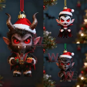 Three cute monster ornaments with festive hats and glowing red eyes hanging near a decorated tree branch!