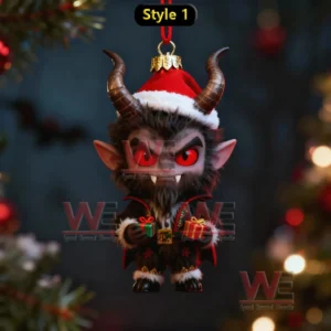 A horned monster ornament holding gifts and wearing a holiday hat hanging in front of blurred lights!
