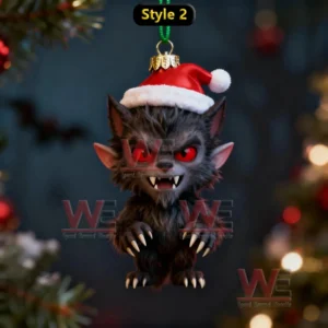 A cute werewolf ornament with claws and a holiday hat hanging near tree branches!