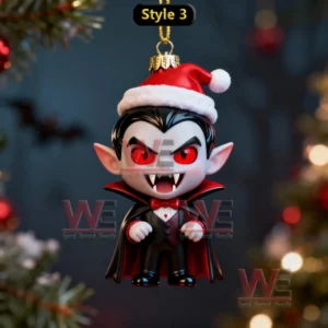 A cute vampire ornament with a cape and holiday hat hanging near a decorated tree!
