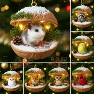Woodland animals inside walnut shell Christmas ornaments with snow and pine.