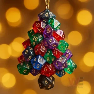 Tree shaped ornament made of colorful dice hanging against a warm glowing background!