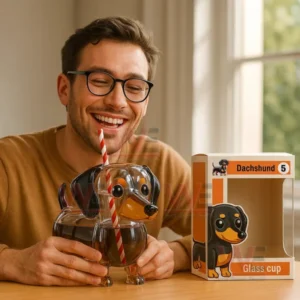 Man holding a dachshund shaped glass cup with a straw beside the product box on a table!