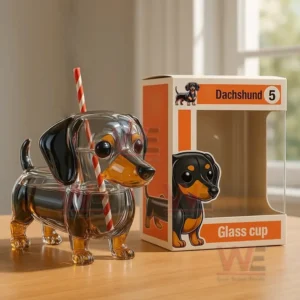 Dachshund Glass Cup 3 Dachshund shaped glass cup with straw next to product box on table!